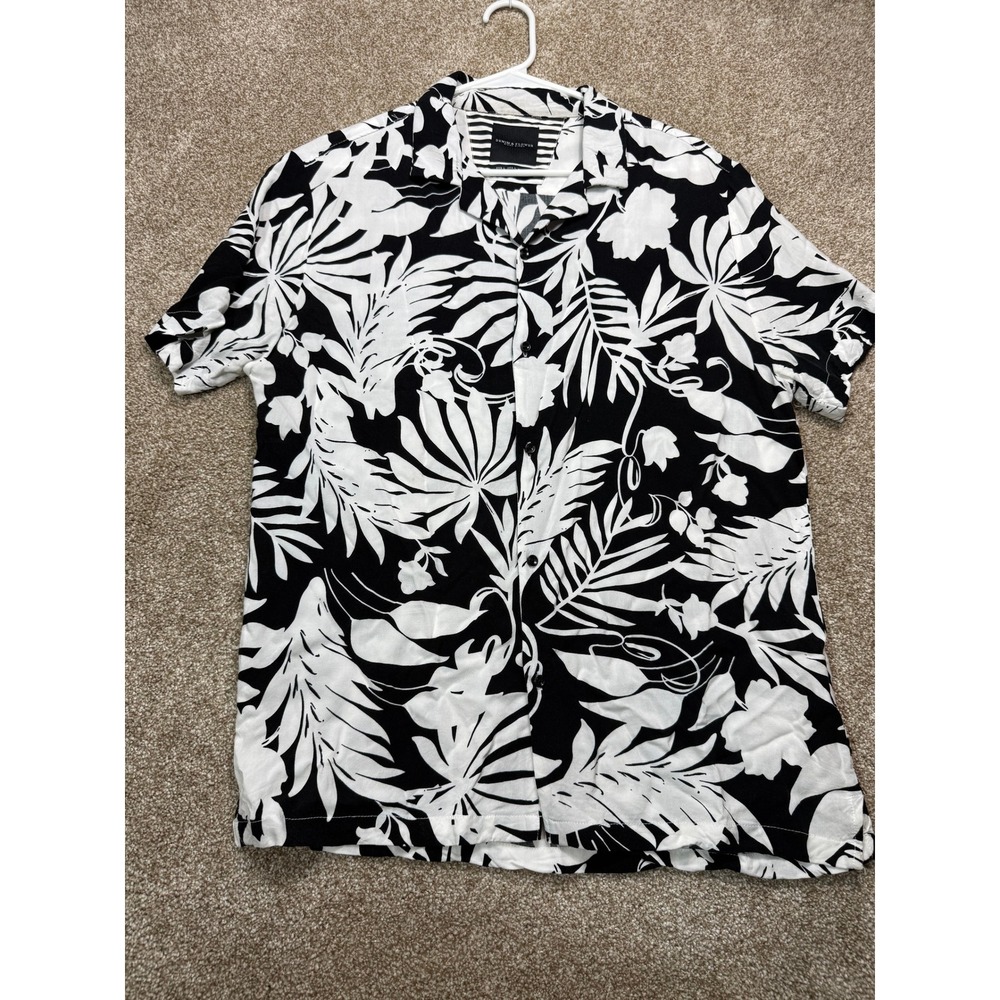 Denim & Flower Ricky‎ Singh Mens Large Black White Tropical Palm Viscose Shirt